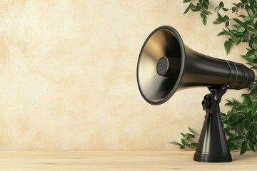 Symbolizing public speaking's roots and community engagement, an old-fashioned megaphone placed on a wooden surface.