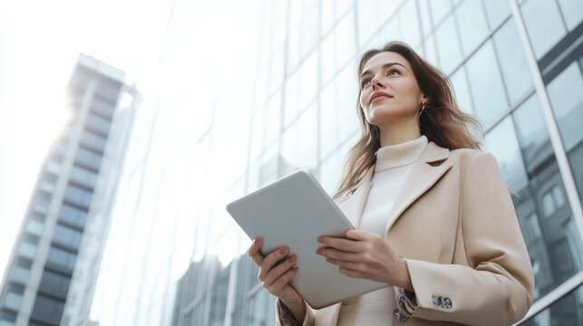 Beautiful engineer woman looking at a building while holding a tablet, isolated on a white background