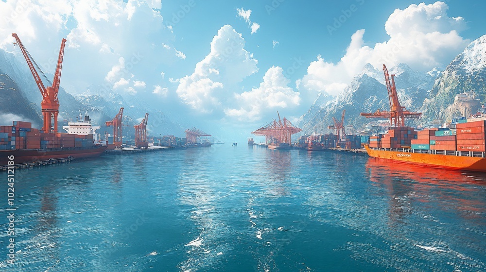 Wall mural a busy harbor with cargo ships, cranes, and containers against a backdrop of mountains and a blue sk