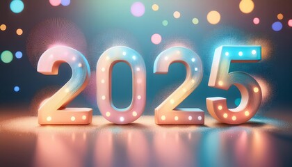 A colorful representation of the year 2025, featuring illuminated numbers and a festive background of sparkling lights.