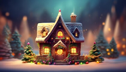 Fototapeta premium A cozy winter cottage adorned with snow, glowing windows, and Christmas trees, creating a magical holiday atmosphere.