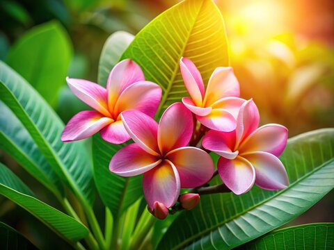 Beautiful Champa Magnolioideae Flowers on Lush Green Leaves - Fragrant Thai Nature