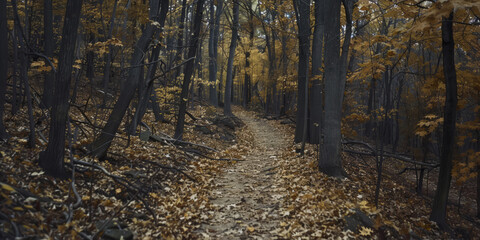 Obraz premium A well-trodden hiking trail through a dense forest, showcasing the vibrant fall colors and occasional glimpses of wildlife.