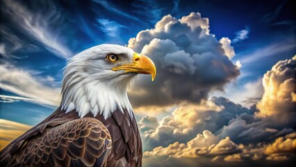 Obraz premium Majestic bald eagle soaring at a tilted angle against a backdrop of clouds