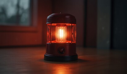 Red camping lantern illuminating a wooden table inside a house