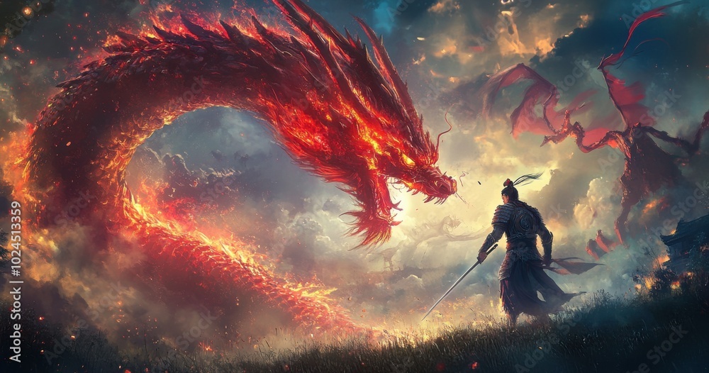 Aufkleber A man in armor holds an ancient sword and fights with red dragons, surrounded by flames. The background is a grassy field under the sky filled with smoke and clouds.