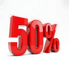 Glossy 3D red 50% discount symbol on a clean, minimalist background, ideal for promoting current retail offers, flash sales, trending deals, and exclusive promotions.