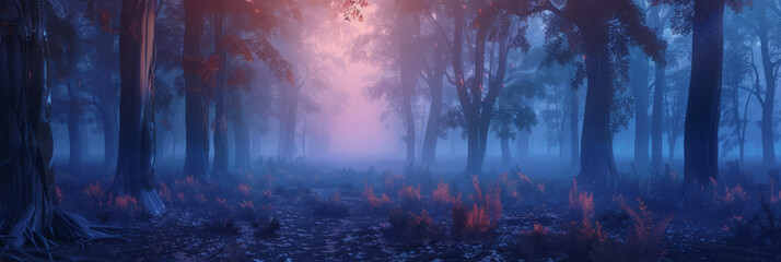A mysterious, foggy forest with towering trees and a carpet of leaves, creating an ethereal atmosphere.