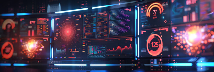 A futuristic computer monitor displaying an abstract network monitoring dashboard with swirling patterns and real-time data analytics.