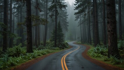 Fototapeta premium Winding forest road disappearing into fog on rainy day