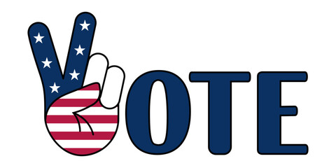 The inscription VOTE in the colors of the American flag, isolated on a transparent background. Letter V in the form of a hand gesture in the colors of the American flag. Elections in the USA. Vector
