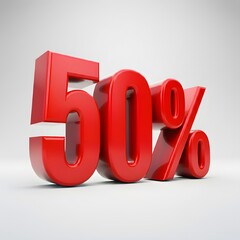 Glossy 3D red 50% discount symbol on a clean, minimalist background, ideal for promoting current retail offers, flash sales, trending deals, and exclusive promotions.