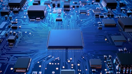 3D rendering of an abstract processor computer chip on a circuit board with microchips.