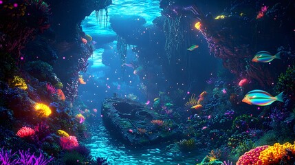 Vibrant underwater world with colorful coral and exotic fish surrounding a sunken ship