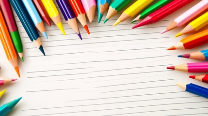 Fototapeta premium A colorful notepad is surrounded by colorful pencils, illustrating creativity and organization.