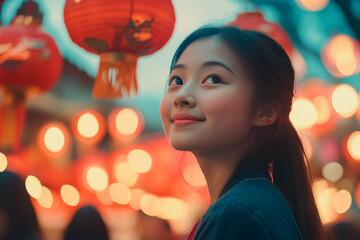 Young woman enjoying Chinese lantern festival during evening celebration - Powered by Adobe