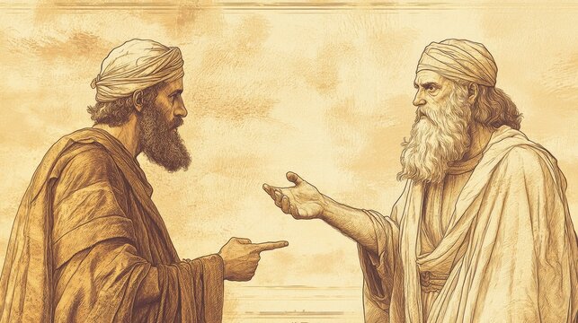 depicting Jeremiah and Hananiah facing each other in the temple with Hananiah confidently stating his false prophecy while Jeremiah calmly refutes him