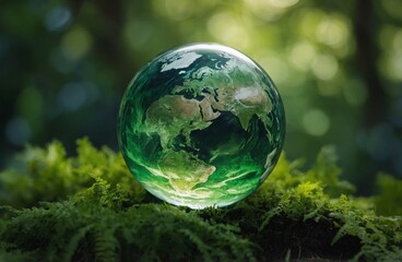 Crystal globe of planet earth resting on lush green moss in forest