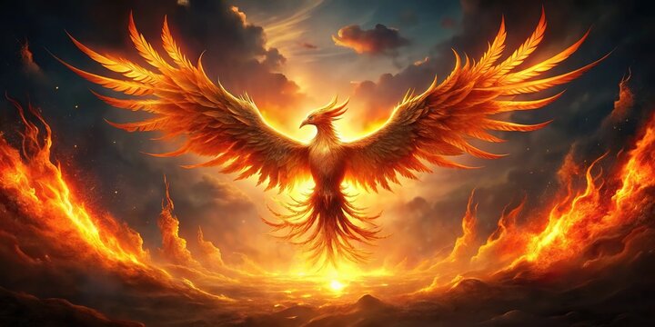 Majestic fiery silhouette of a phoenix rising from ashes