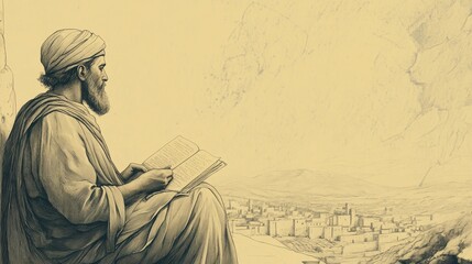 Fototapeta premium A minimalist wall art of the prophet Jeremiah in Jerusalem looking thoughtfully toward the distant horizon as he imagines the exiles reading his letter