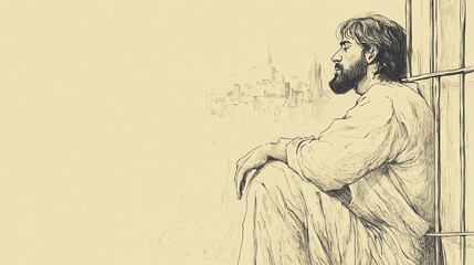Obraz premium A scene depicting Jeremiah a biblical figure standing behind prison bars and gazing pensively at the distant city beyond This minimalist