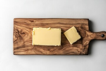 Wooden board with cut block of butter on white background