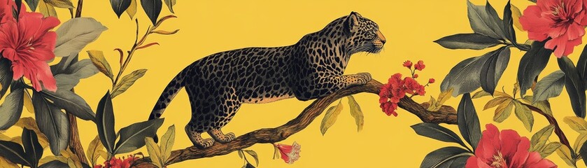 Naklejka premium Majestic leopard relaxing on a flowering branch, captivating glimpse into the wild