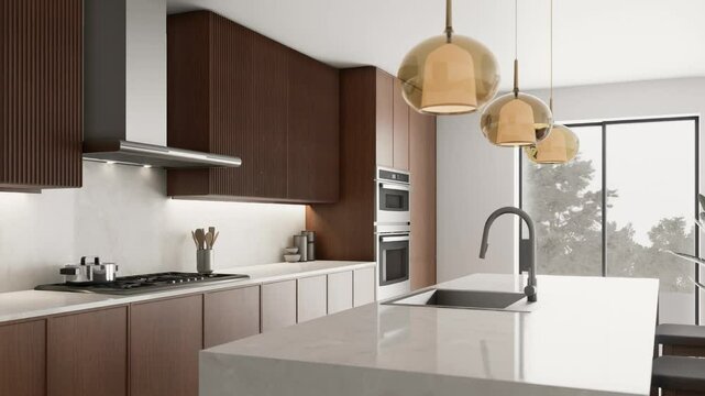 Modern kitchen design with luxurious wooden elements and comfortable island seating