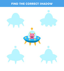 Find the correct shadow of the cute spaceship illustration. Educational logic game for children. Printable worksheet.