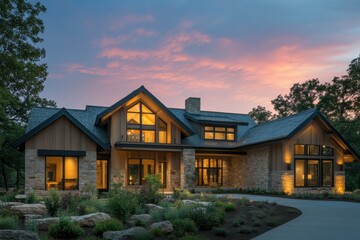 Naklejka premium A beautifully lit modern farmhouse with a combination of stone and wooden exterior