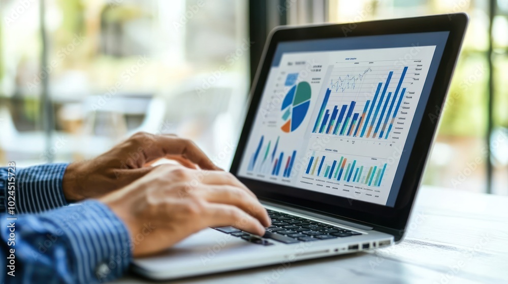 Poster a person analyzing data on a laptop with various graphs and charts displayed.