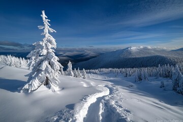 Obraz premium Winter mountain landscape with tall dark green spruce trees covered in snow on mountain peaks and clouds in the background.
