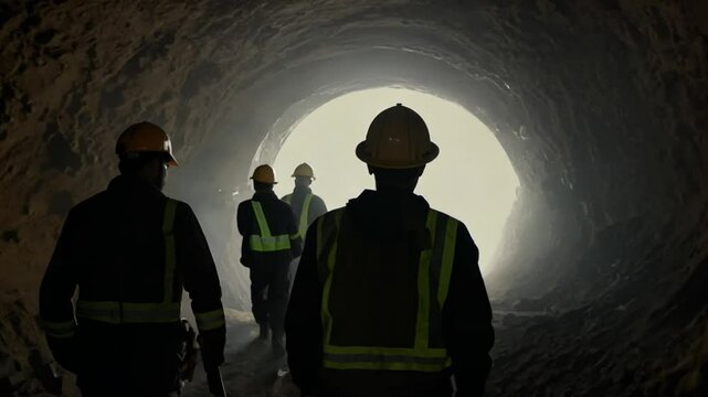 Miners working underground in a tunnel, wearing helmets with lights, showcasing a tough and focused atmosphere of labor and determination.