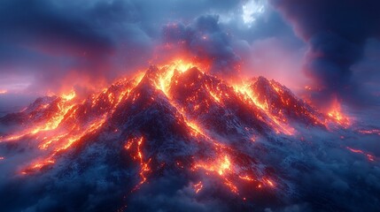 Obraz premium A fiery volcanic eruption with glowing lava and smoke against a stormy sky.