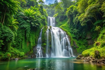 Fototapeta premium Majestic Marakopa Waterfall in Lush Green Forest with Forced Perspective