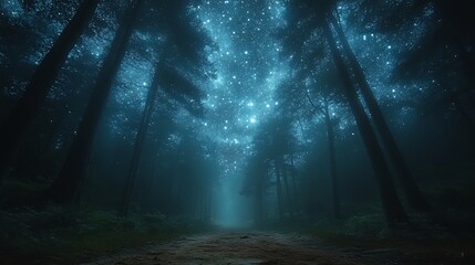 A misty forest path at night with a starry sky overhead.