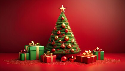 Obraz premium A festive Christmas tree adorned with ornaments and surrounded by beautifully wrapped gifts against a red background.