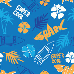 Tropical summer seamless pattern.Palm leaf, surfboard and shark drawing. For textile and more