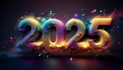 A vibrant, colorful depiction of the year "2025" with sparkling elements, set against a dark background, symbolizing celebration and futurism.