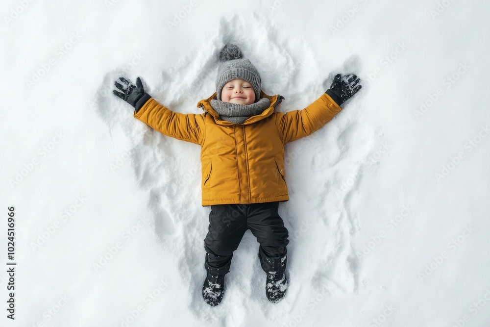 Canvas Prints This is a happy boy who is playing and making a snow angel on a winter's walk in nature.