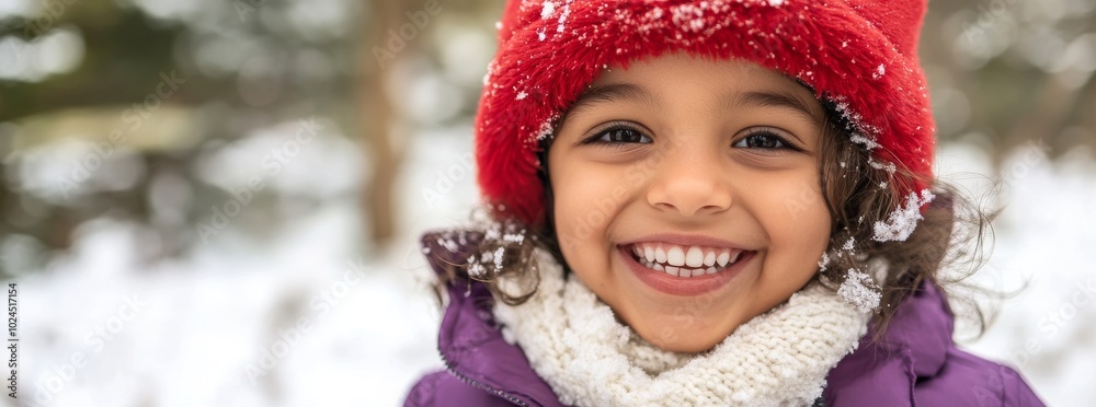 Canvas Prints A girl in a winter hat enjoys a frosty day on a sunny winter day. Sledding, holidays, winter vacation.