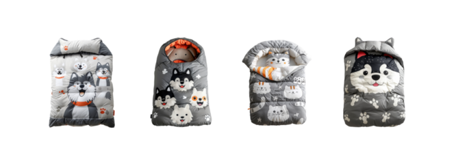 Adorable baby sleeping bag with animal-themed design featuring husky isolated on transparent background