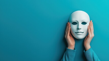 Colleague hiding behind a mask of friendliness, concealing a malicious intent, symbolizing deceit and false relationships