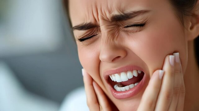 A woman is in pain and is holding her face. She has a toothache and is clenching her teeth