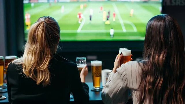 Two women are watching a soccer game on a large screen. They are holding beer glasses and seem to be enjoying the game