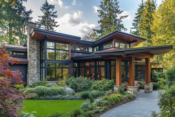 Naklejka premium A contemporary home with a blend of natural elements and modern architecture