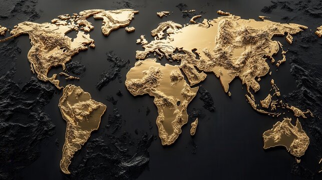 Fototapeta Elegant 3D Gold World Map on Dark Background