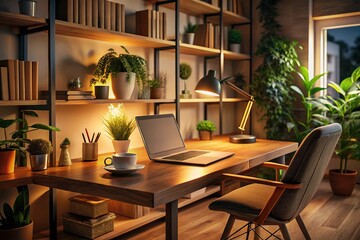 Fototapeta premium Cozy Study Area for Product Photography - Student Workspace with Notebook, Pen, Laptop, and Focused Atmosphere for Homework and Online Learning