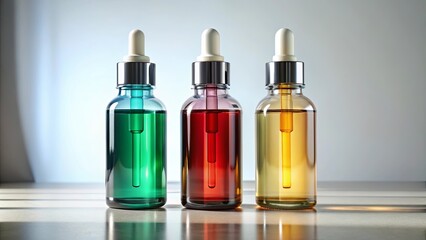 Fototapeta premium A trio of glass bottles with dropper tops, each filled with a vibrant liquid, sit neatly aligned on a smooth surface, showcasing a spectrum of colors that evoke a sense of calm and serenity.