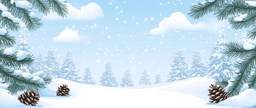 Winter landscape with snovy fir trees branches and cones in a snowy forest. Christmas and New Year greeting card. Winter banner with copy space.